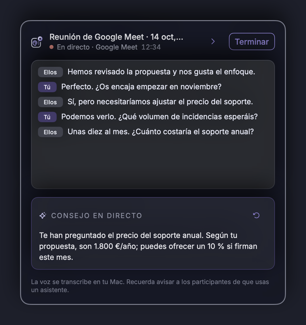 Copiloto de reuniones de NOTVM con la transcripción en directo y un consejo.