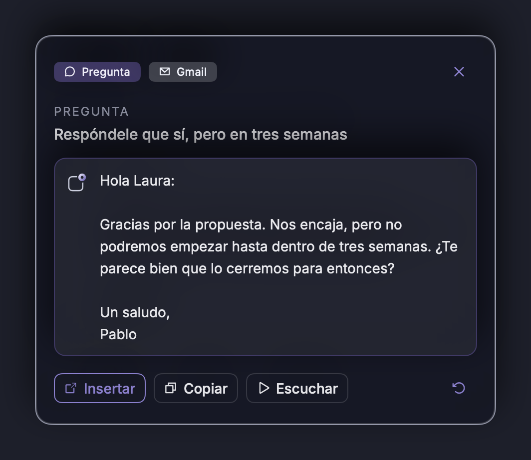 Tarjeta de respuesta de NOTVM con botones Insertar, Copiar y Escuchar.