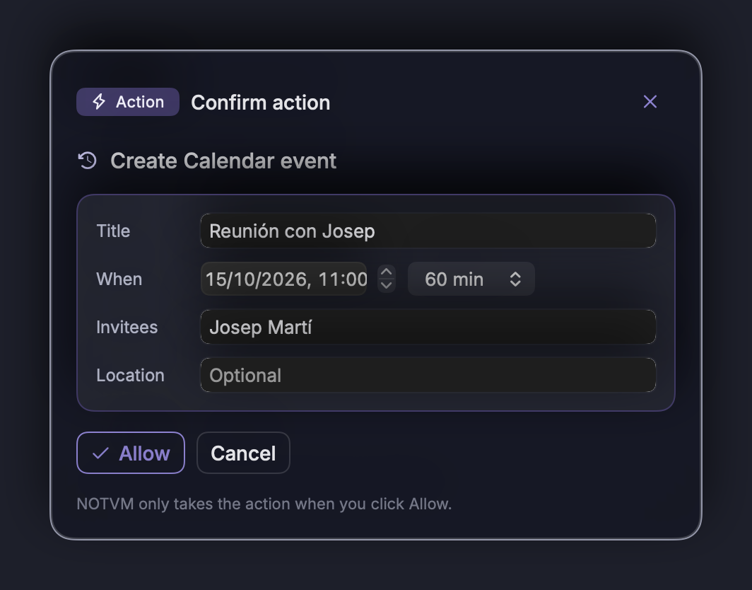 Confirm action: you can change any detail before clicking Allow.