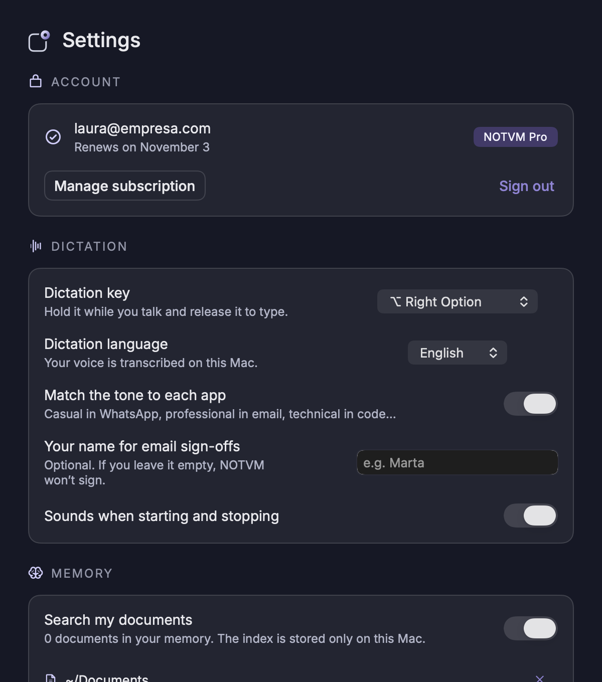 Settings: account, dictation, memory, meetings, automations, connections, permissions and general.