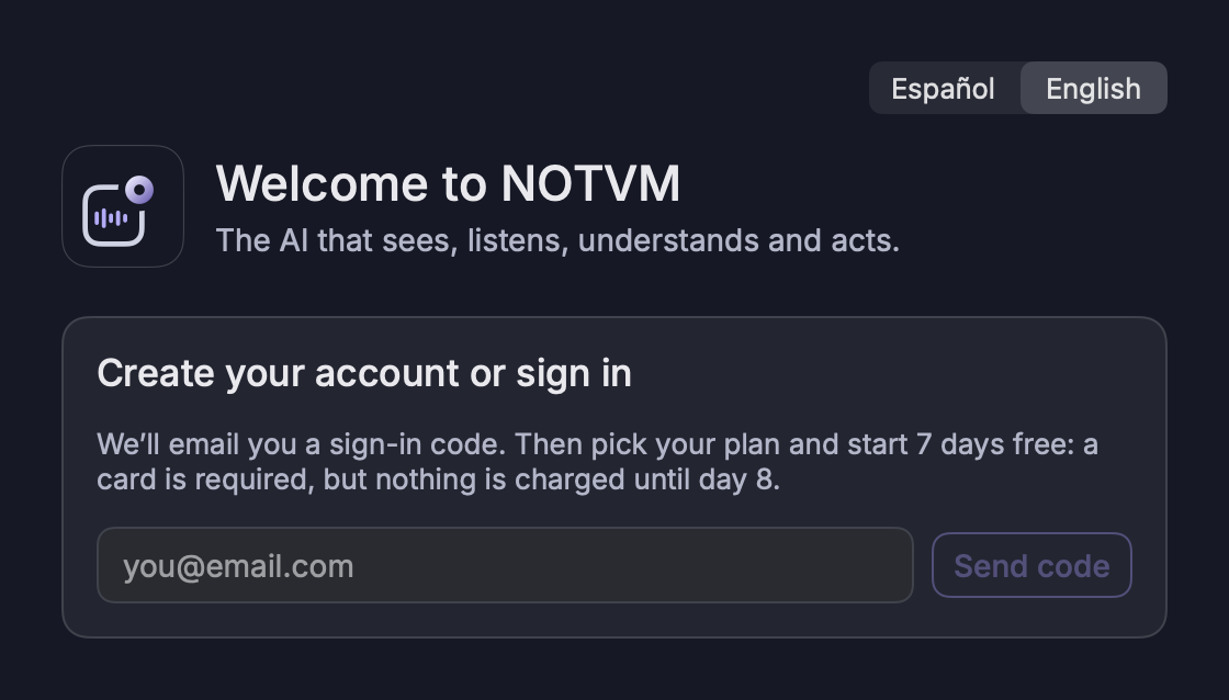 The first time, you only see this screen: enter your email and you’ll receive a 6-digit code.