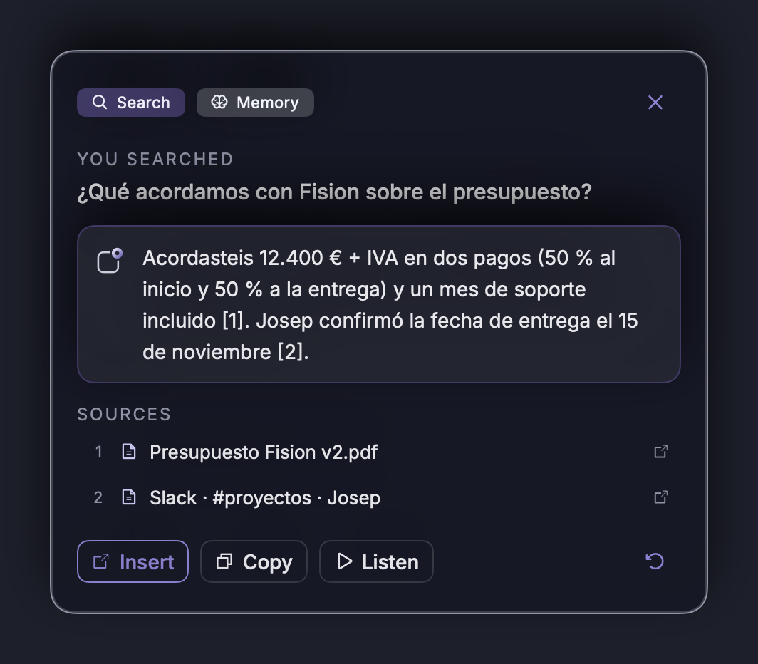 A memory search, with sources (documents and Slack messages) you can open.
