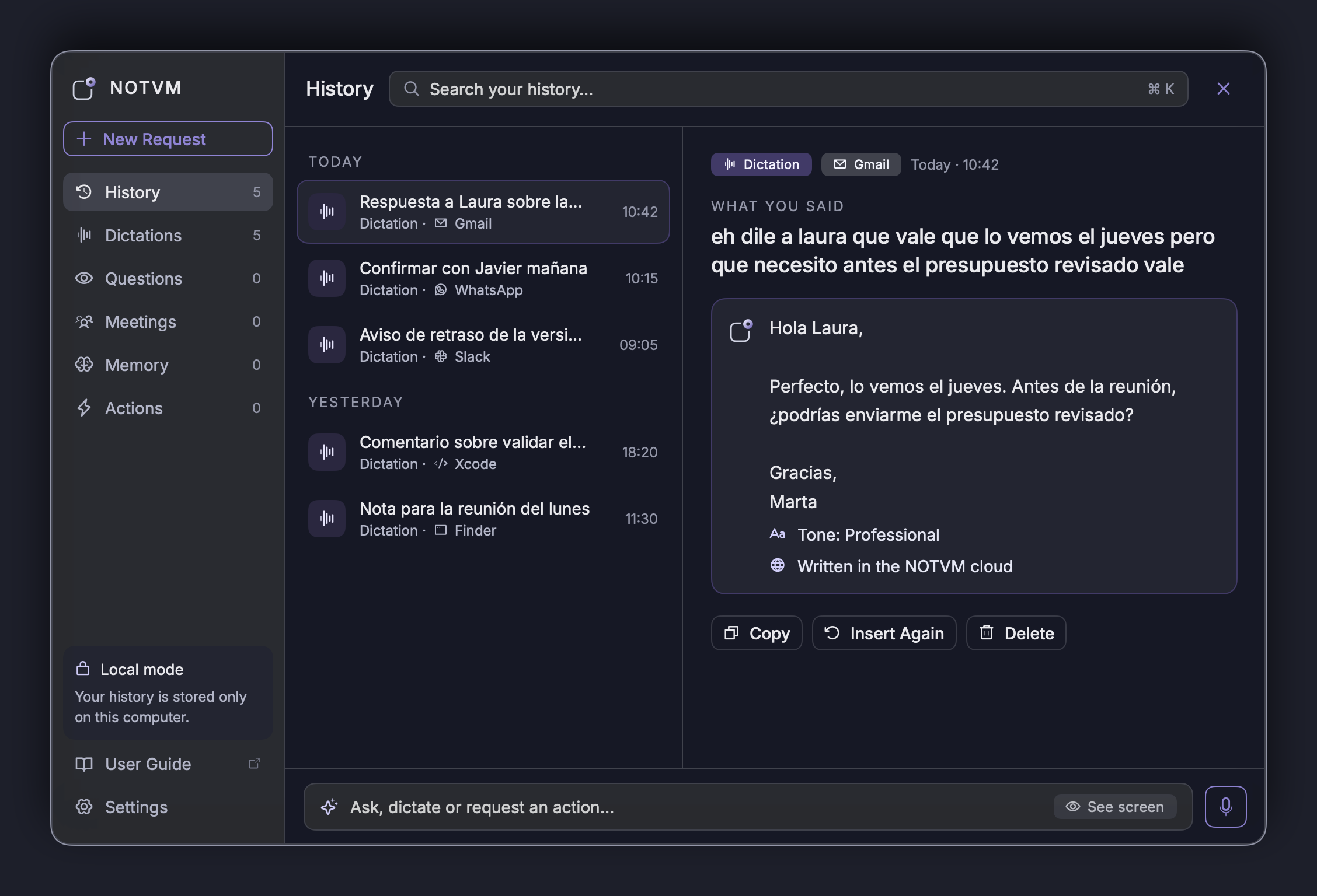 The panel: sections on the left, history in the middle, details on the right and the ask box at the bottom.