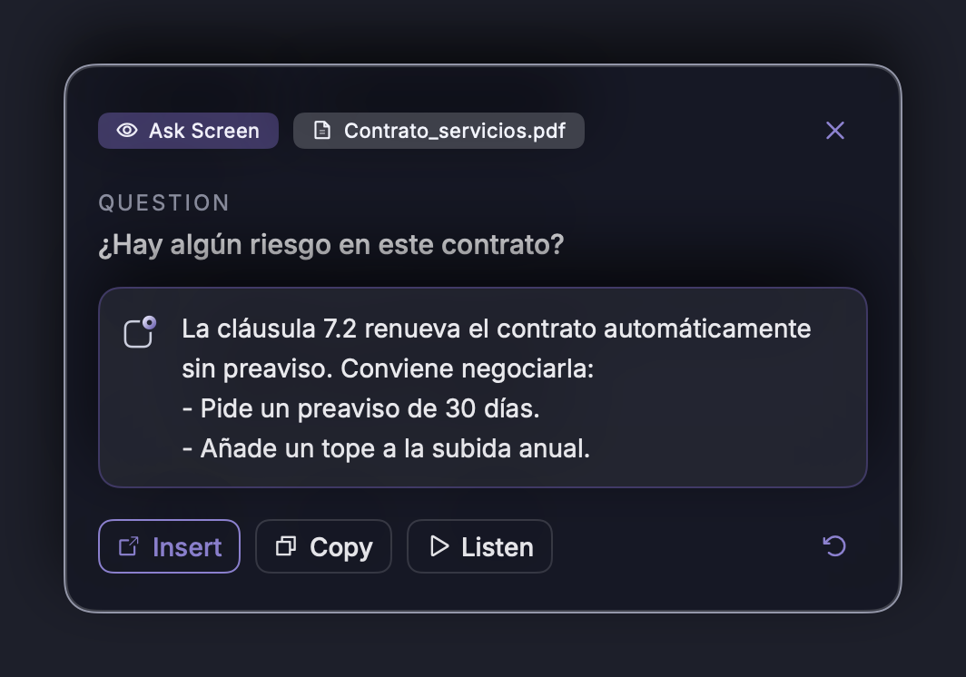 Ask Screen: NOTVM looks at the active window and answers in the card.