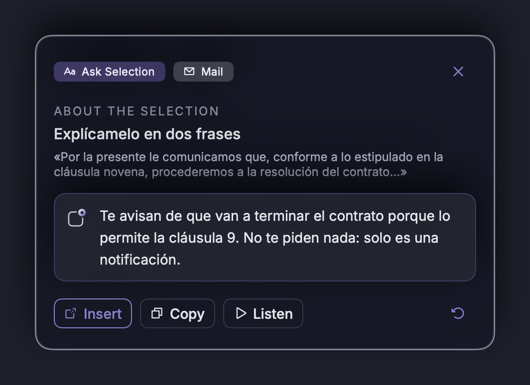 With text selected, NOTVM answers about it (or replaces it if you ask for a change).