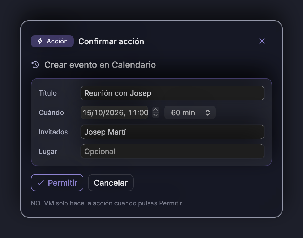 Confirmar acción: puedes cambiar cualquier dato antes de pulsar Permitir.