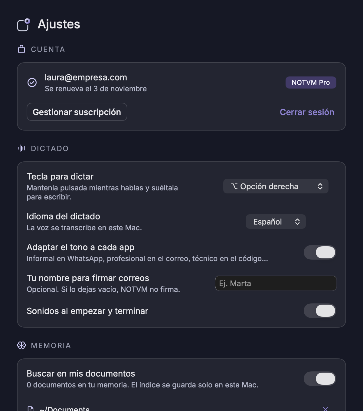 Ajustes: cuenta, dictado, memoria, reuniones, automatizaciones, conexiones, permisos y general.