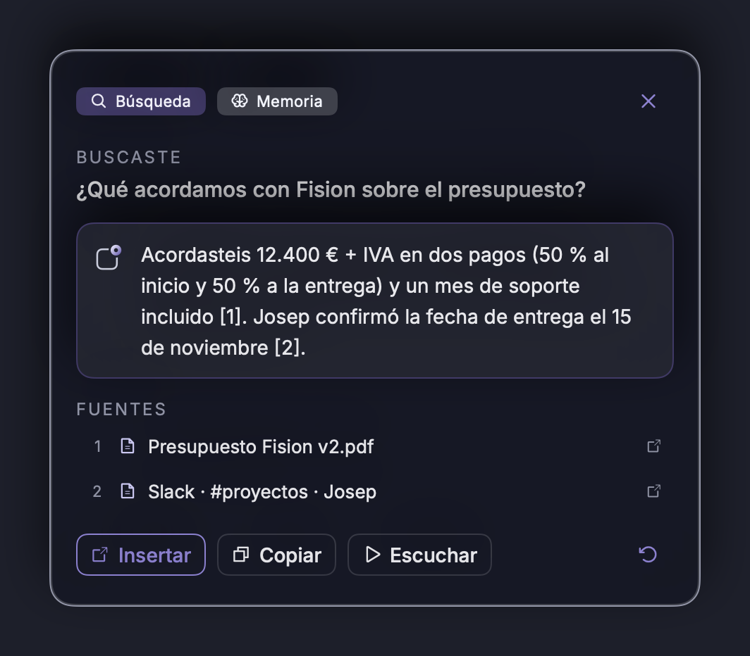 Una búsqueda en la memoria, con las fuentes (documentos y mensajes de Slack) para abrirlas.
