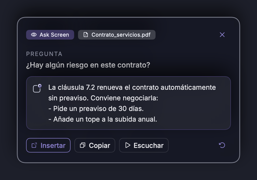 Ask Screen: NOTVM mira la ventana activa y responde en la tarjeta.