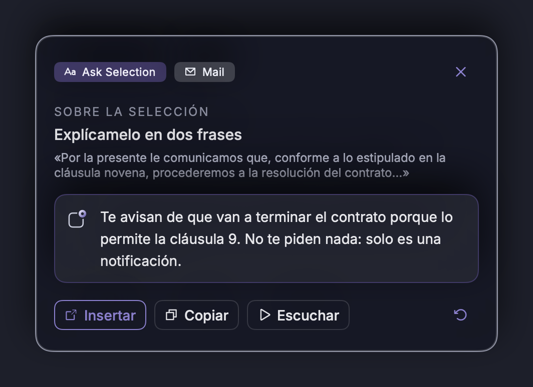 Con texto seleccionado, NOTVM responde sobre él (o lo reemplaza si le pides cambiarlo).